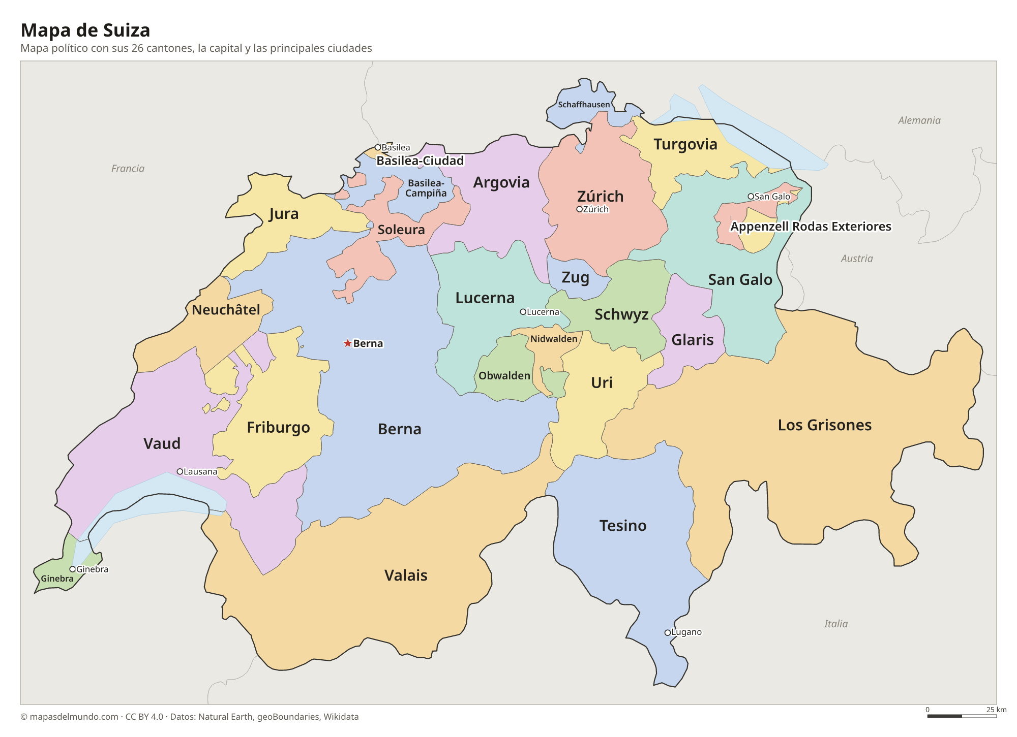 Mapa político de Suiza con sus cantones y la capital Berna