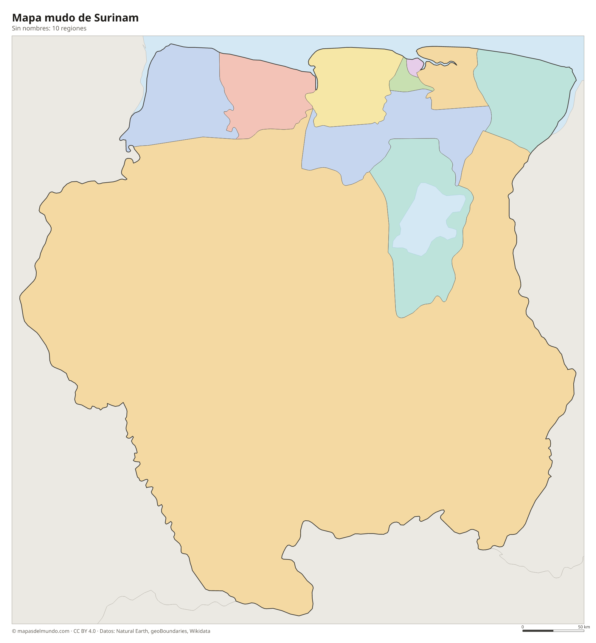 Mapa mudo de Surinam sin nombres