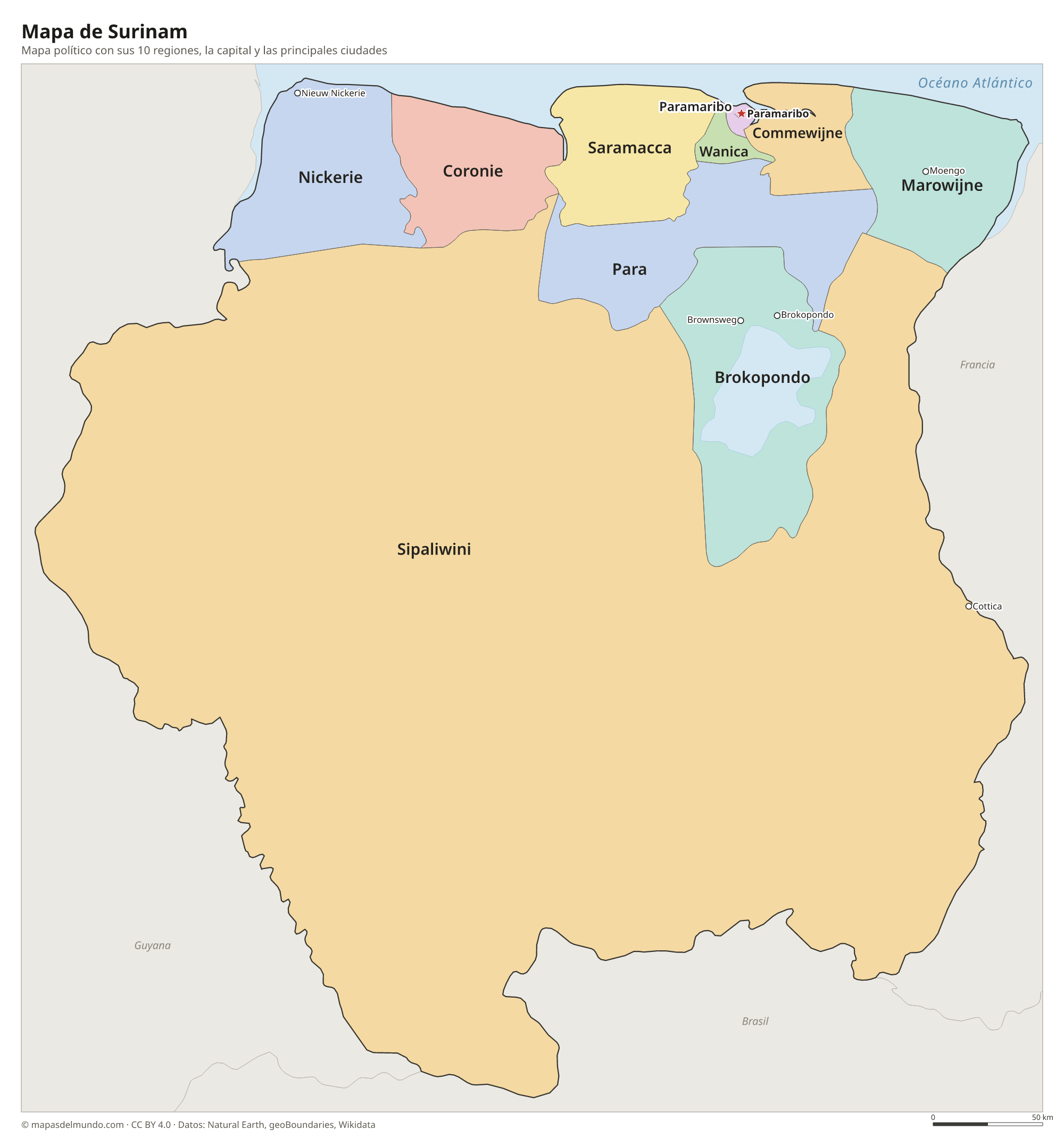 Mapa político de Surinam con sus regiones y la capital Paramaribo