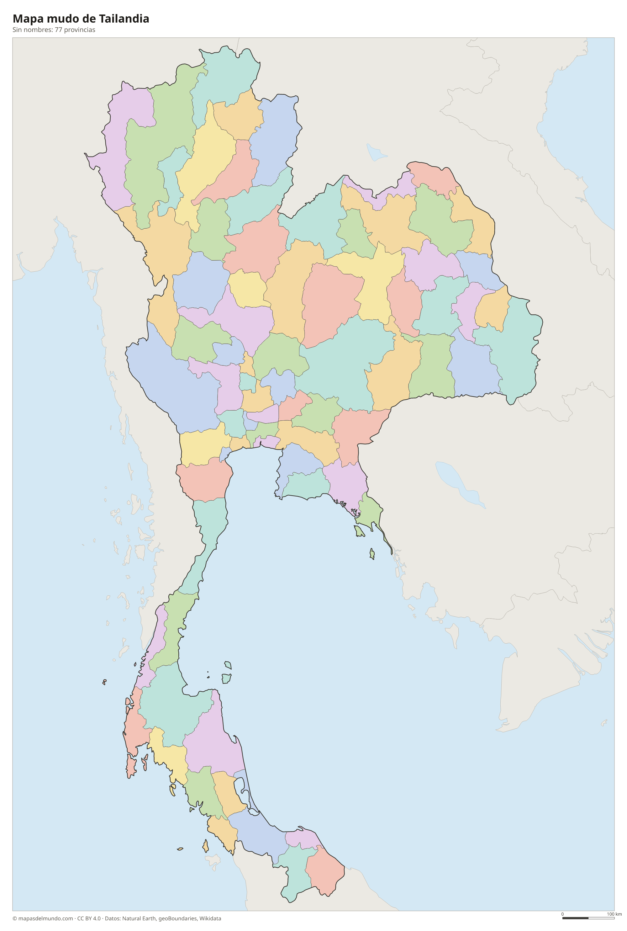 Mapa mudo de Tailandia sin nombres
