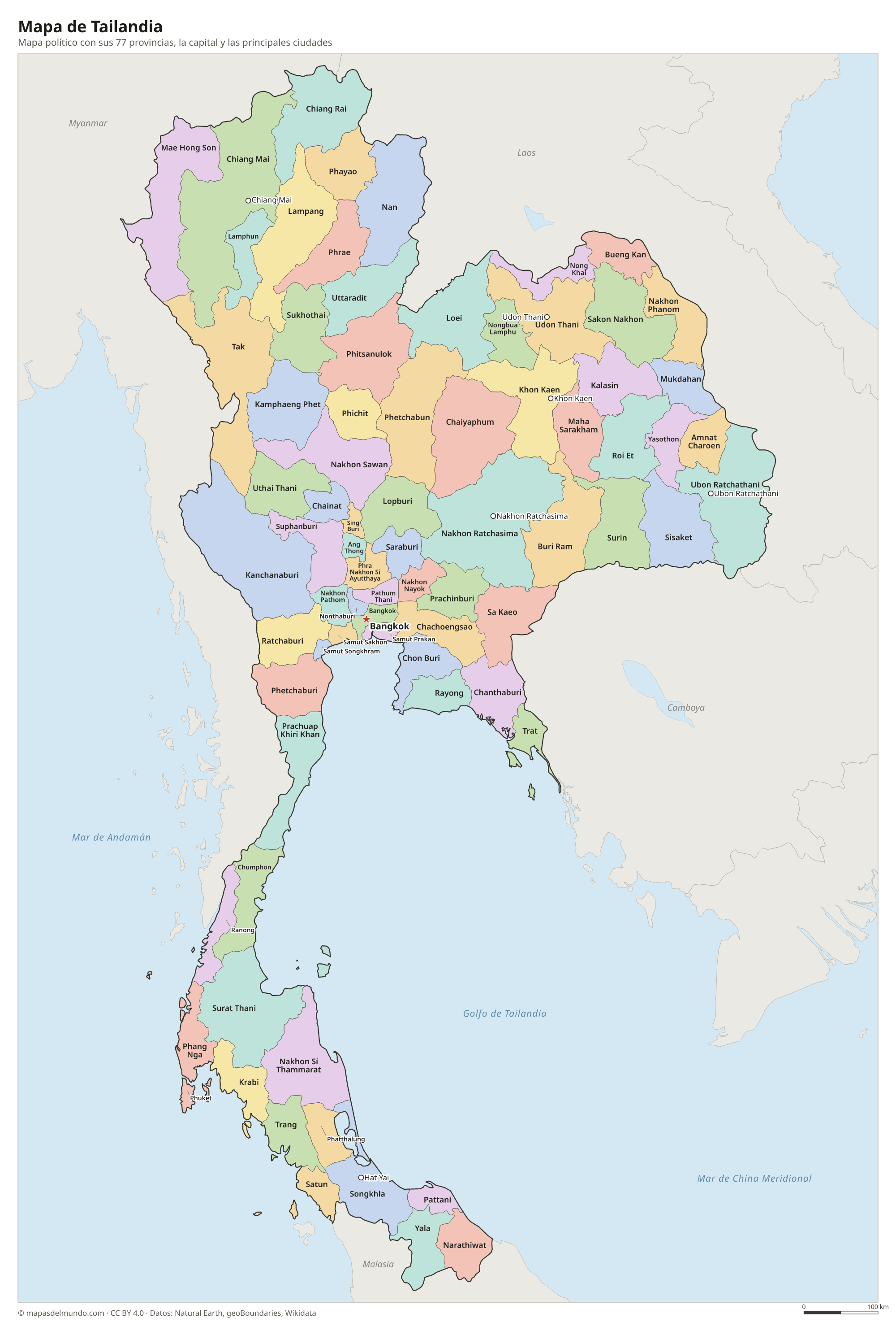 Mapa político de Tailandia con sus provincias y la capital Bangkok
