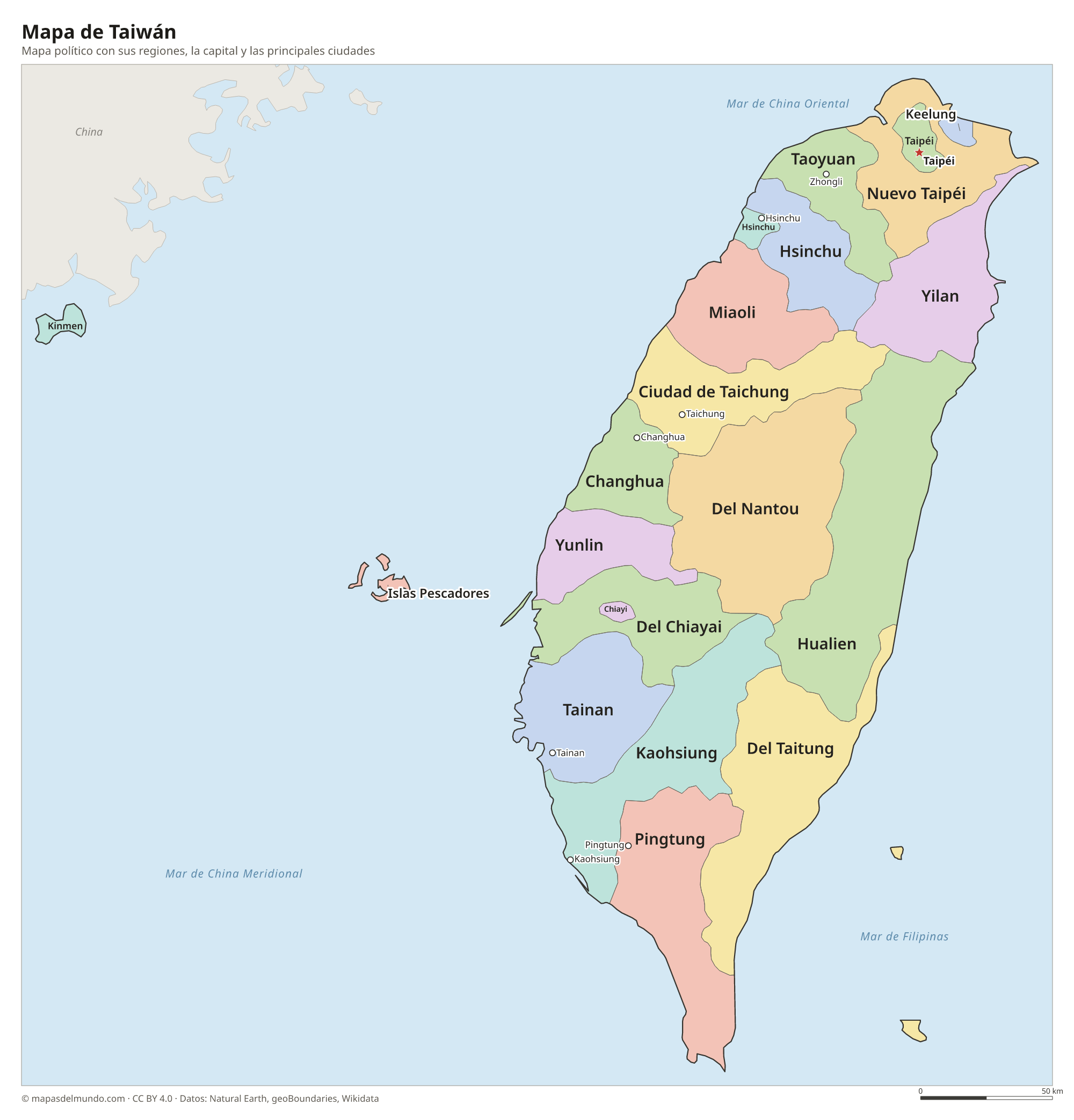 Mapa político de Taiwán con sus regiones y la capital Taipéi