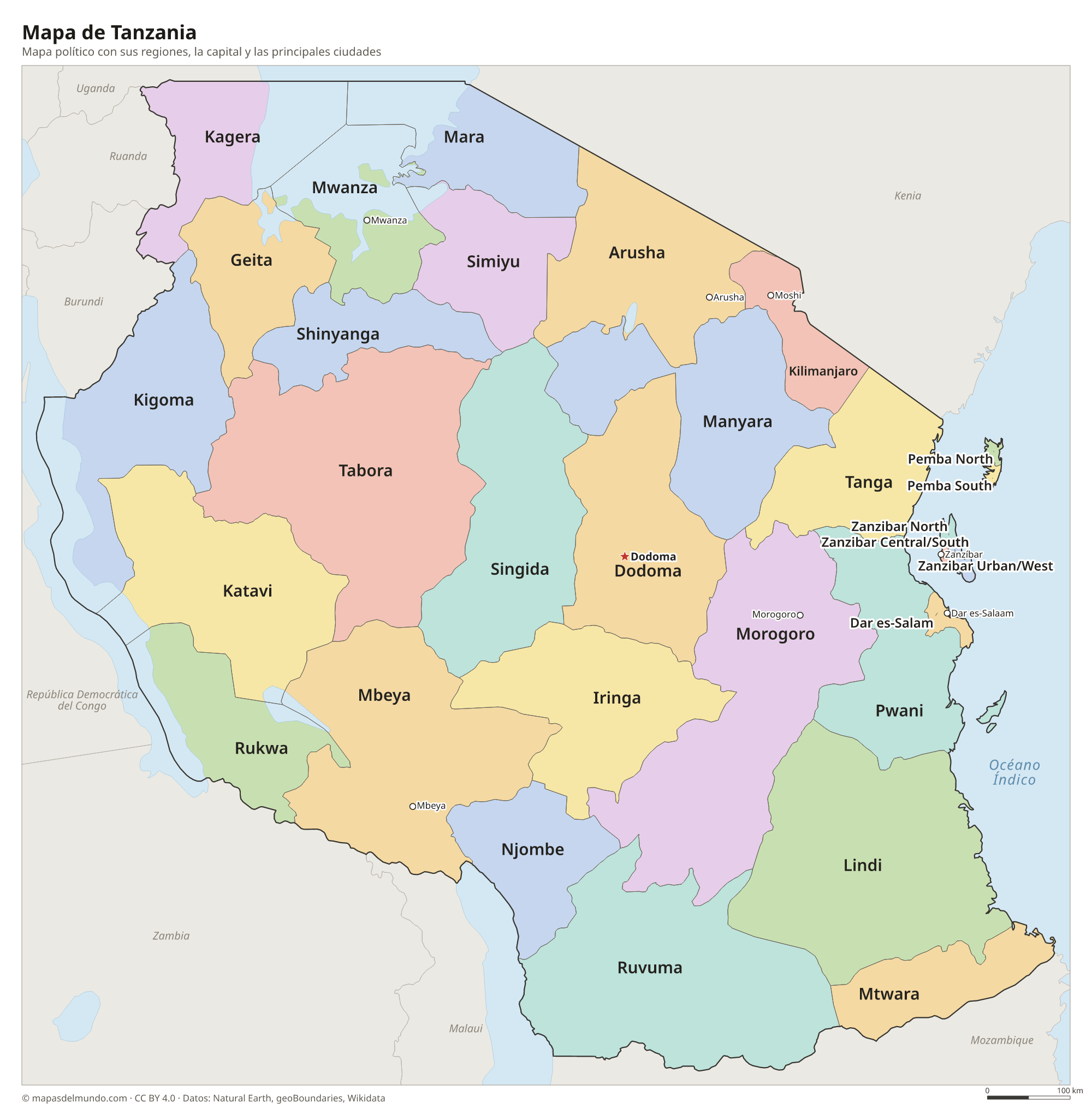 Mapa político de Tanzania con sus regiones y la capital Dodoma