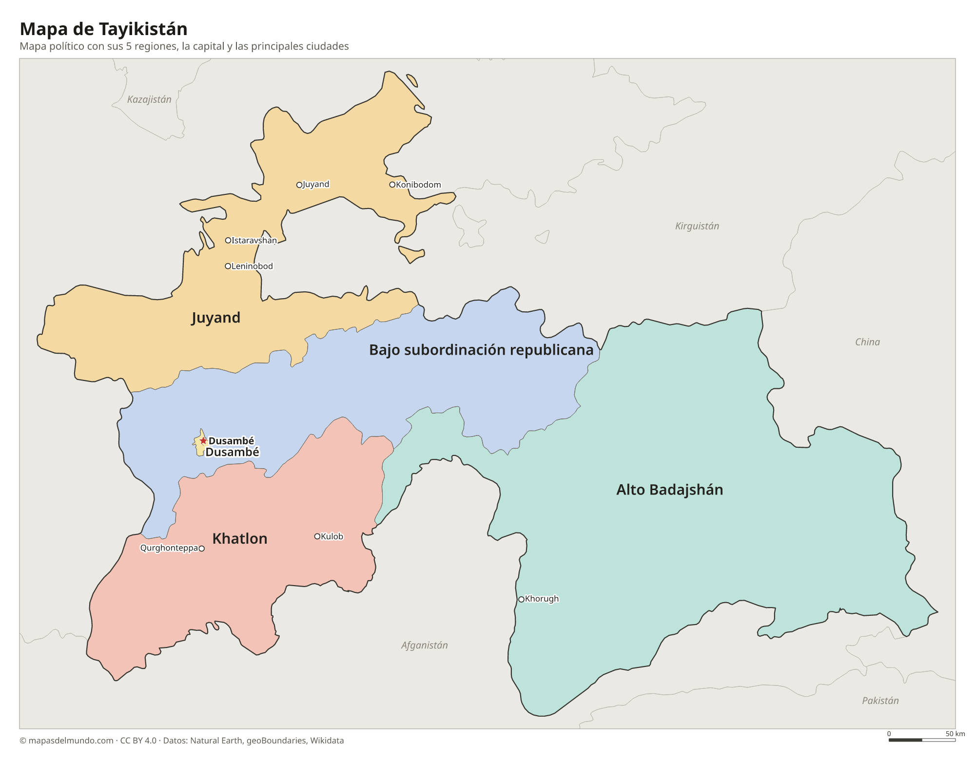 Mapa político de Tayikistán con sus regiones y la capital Dusambé