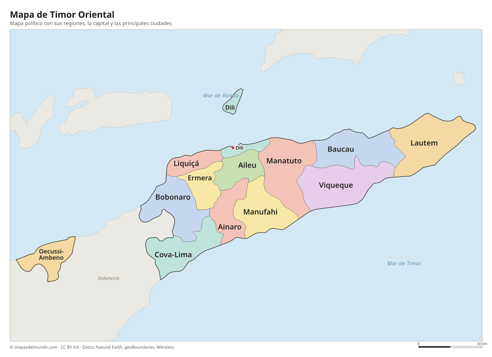 Mapa político de Timor Oriental con sus regiones y la capital Dili