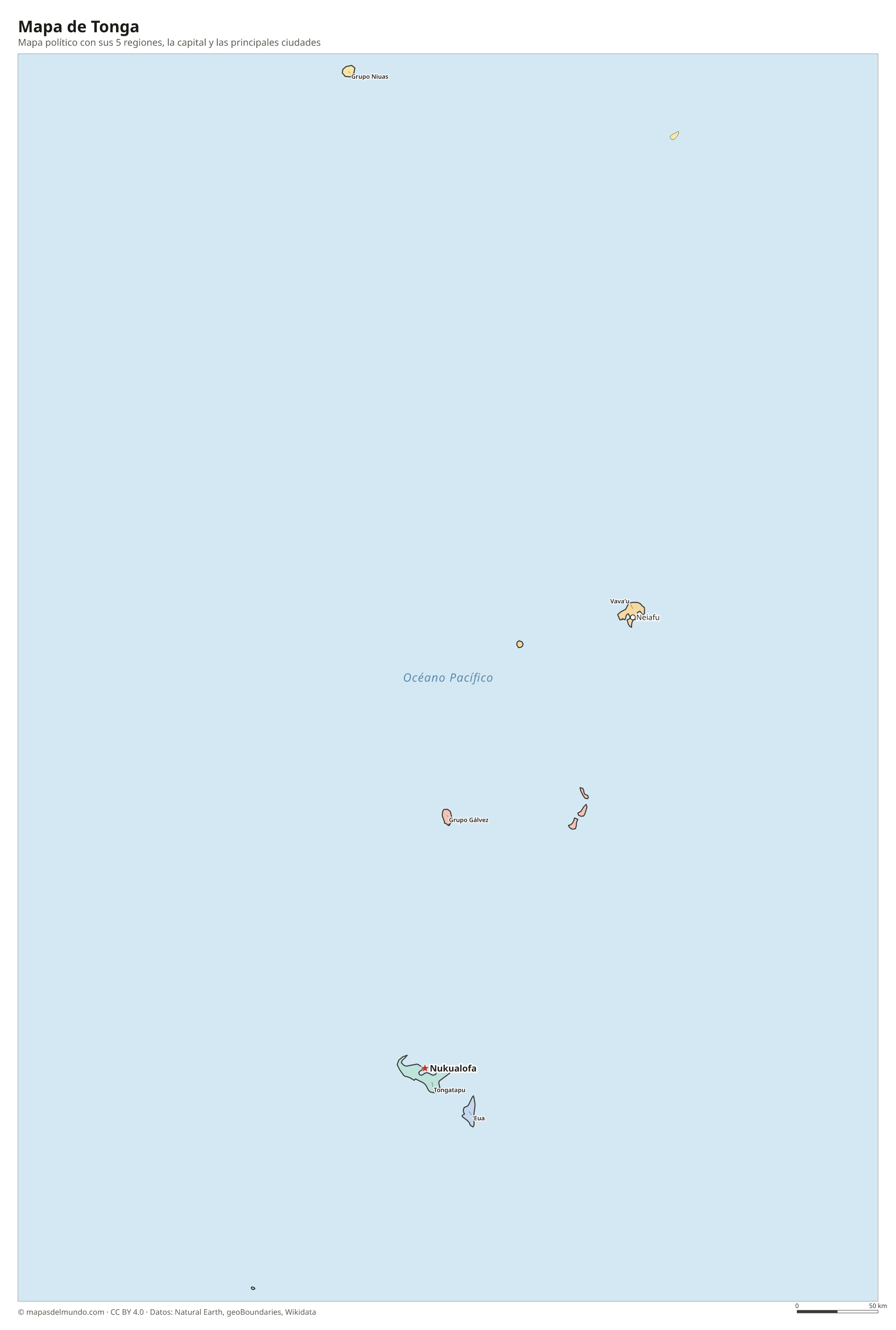 Mapa político de Tonga con sus regiones y la capital Nukualofa