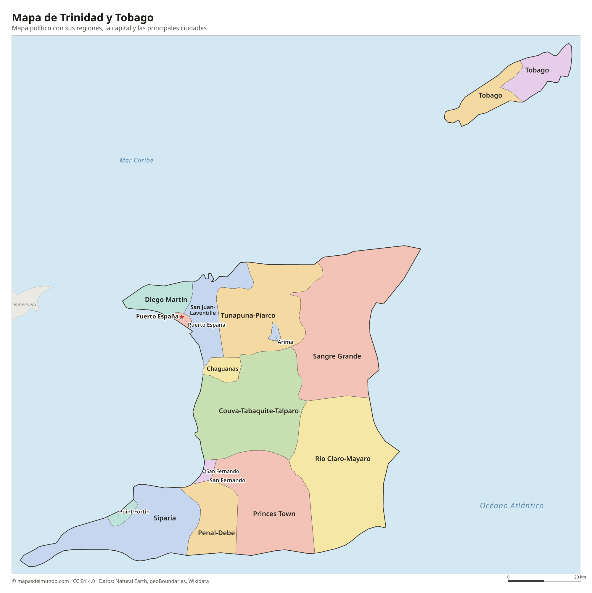 Mapa político de Trinidad y Tobago con sus regiones y la capital Puerto España