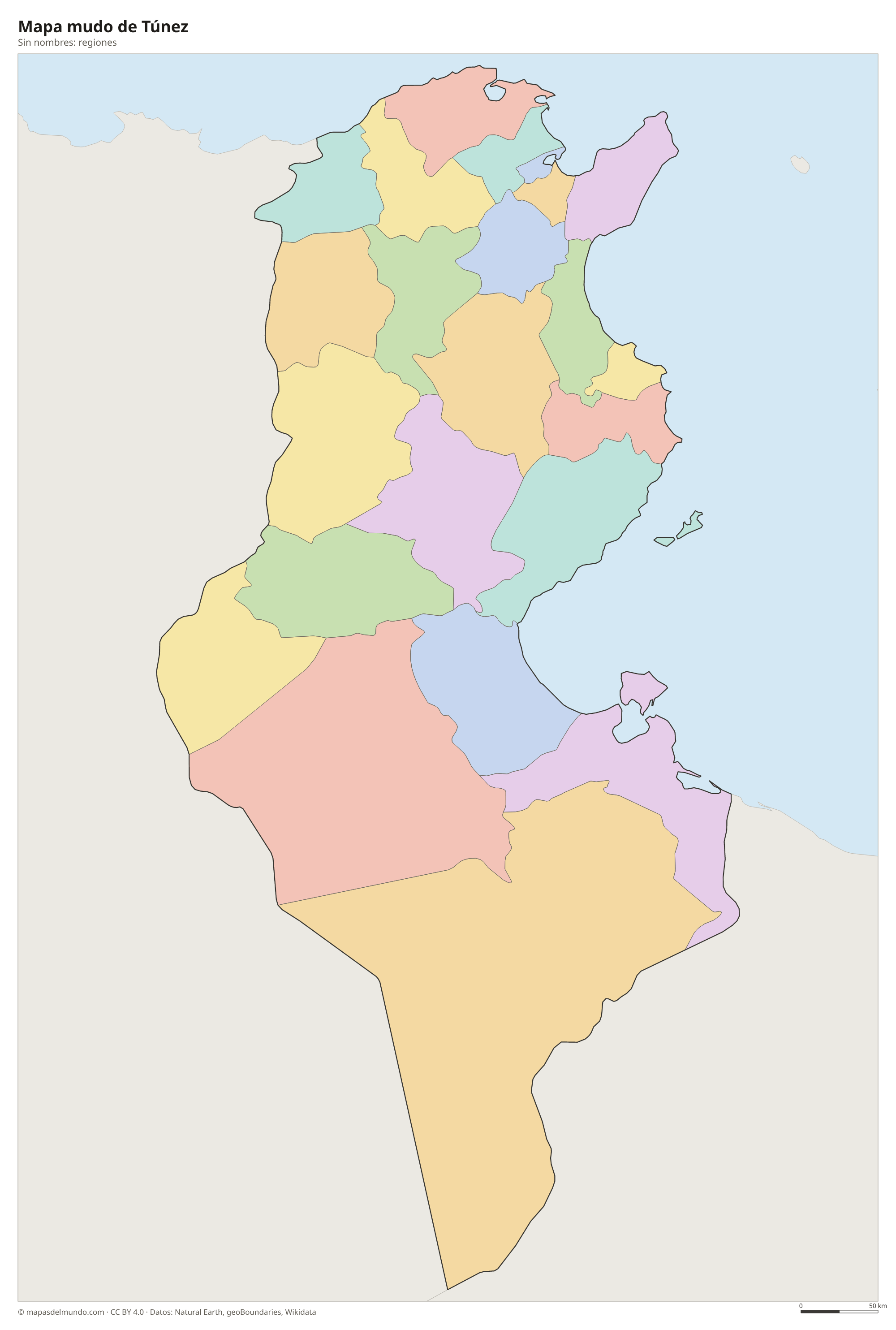 Mapa mudo de Túnez sin nombres