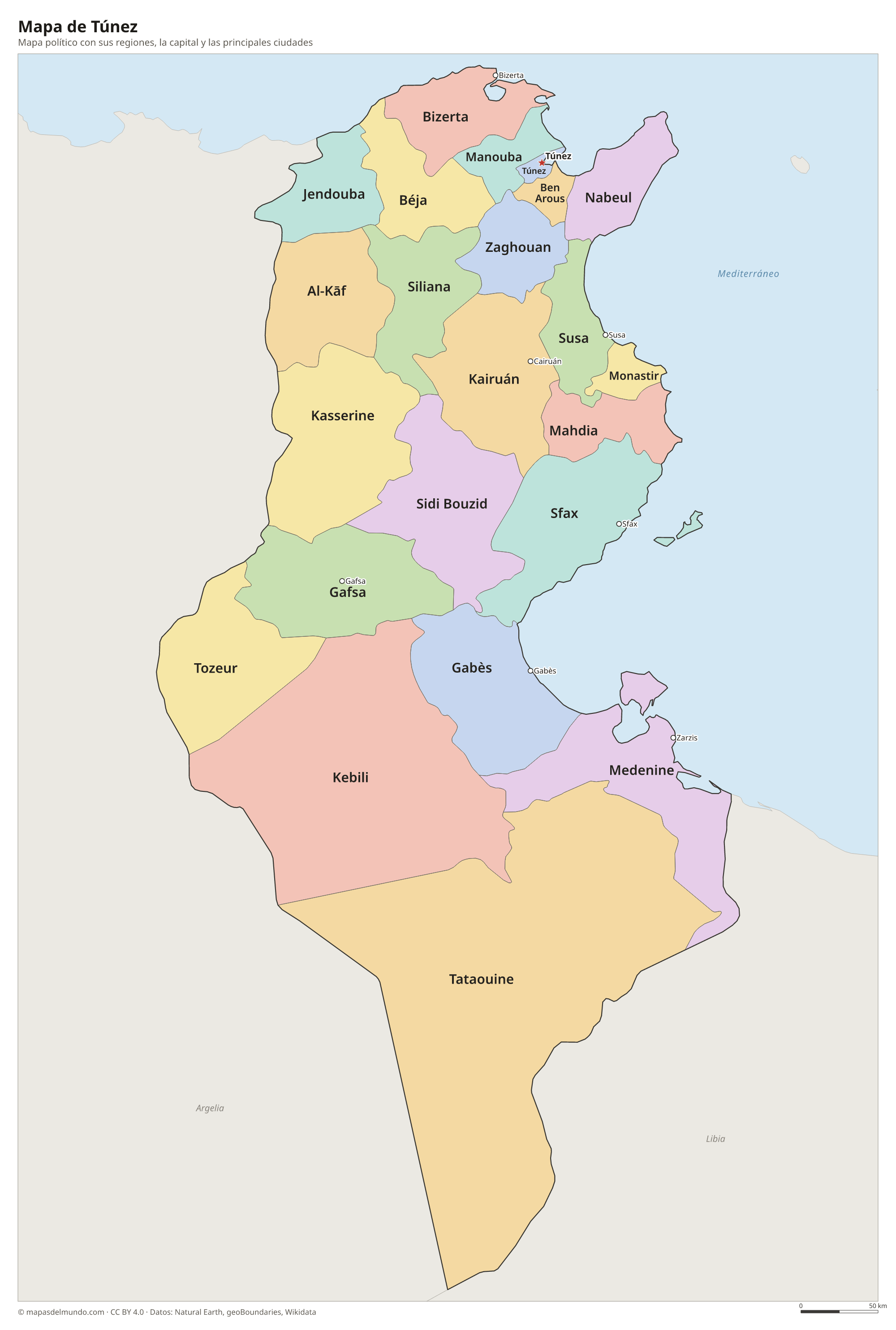 Mapa político de Túnez con sus regiones y la capital Túnez