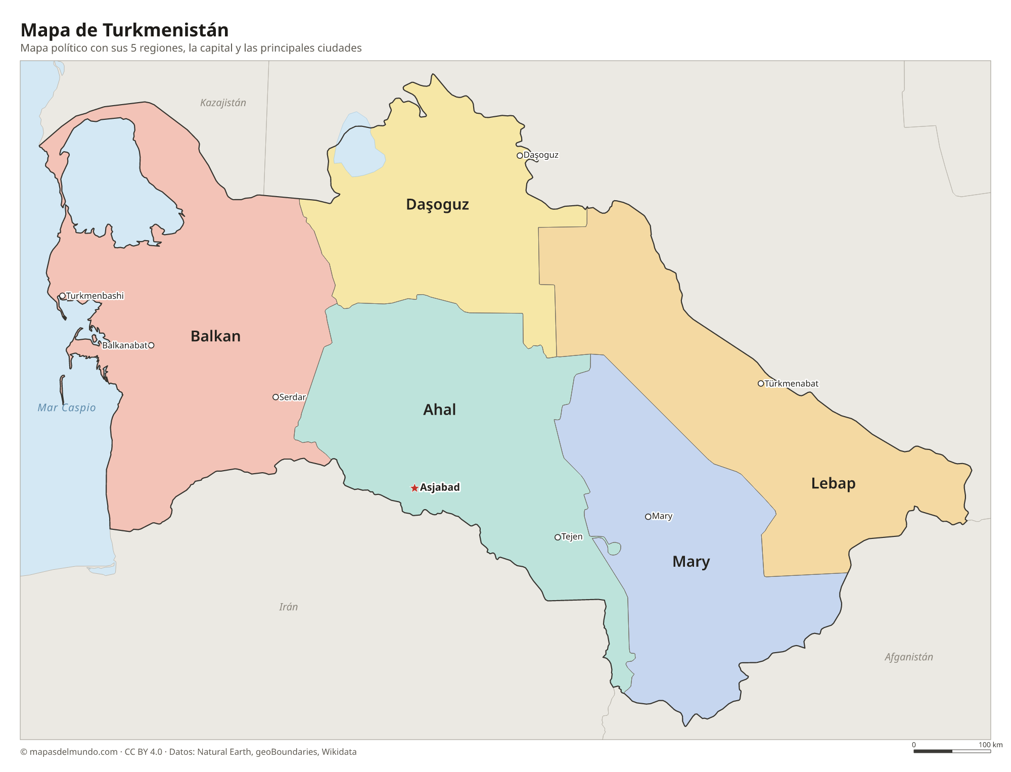 Mapa político de Turkmenistán con sus regiones y la capital Asjabad