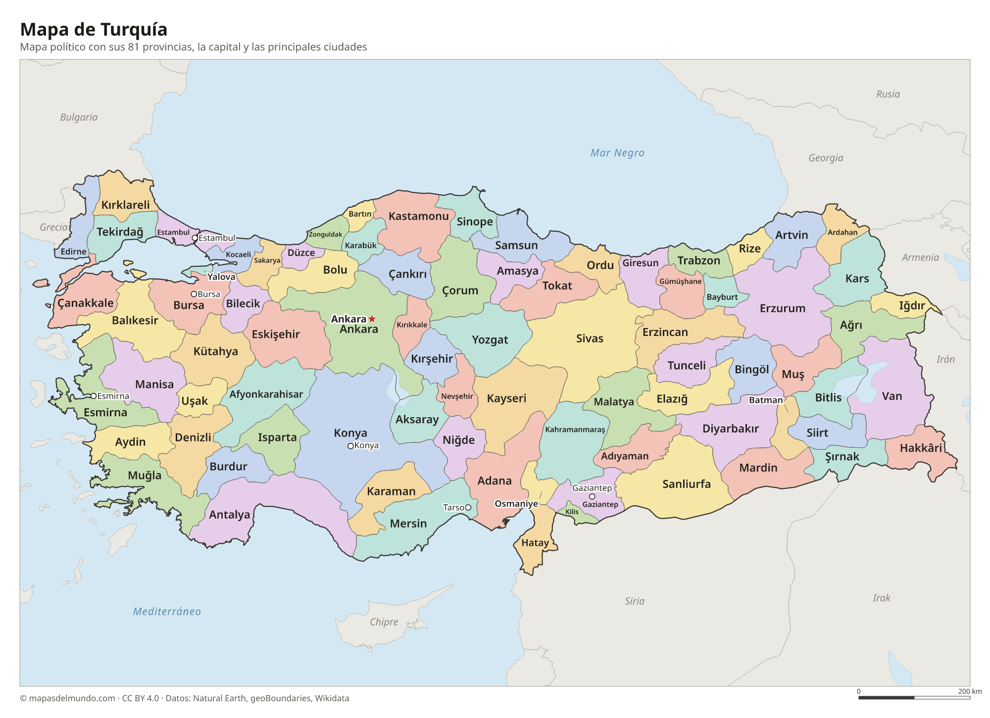 Mapa político de Turquía con sus provincias y la capital Ankara