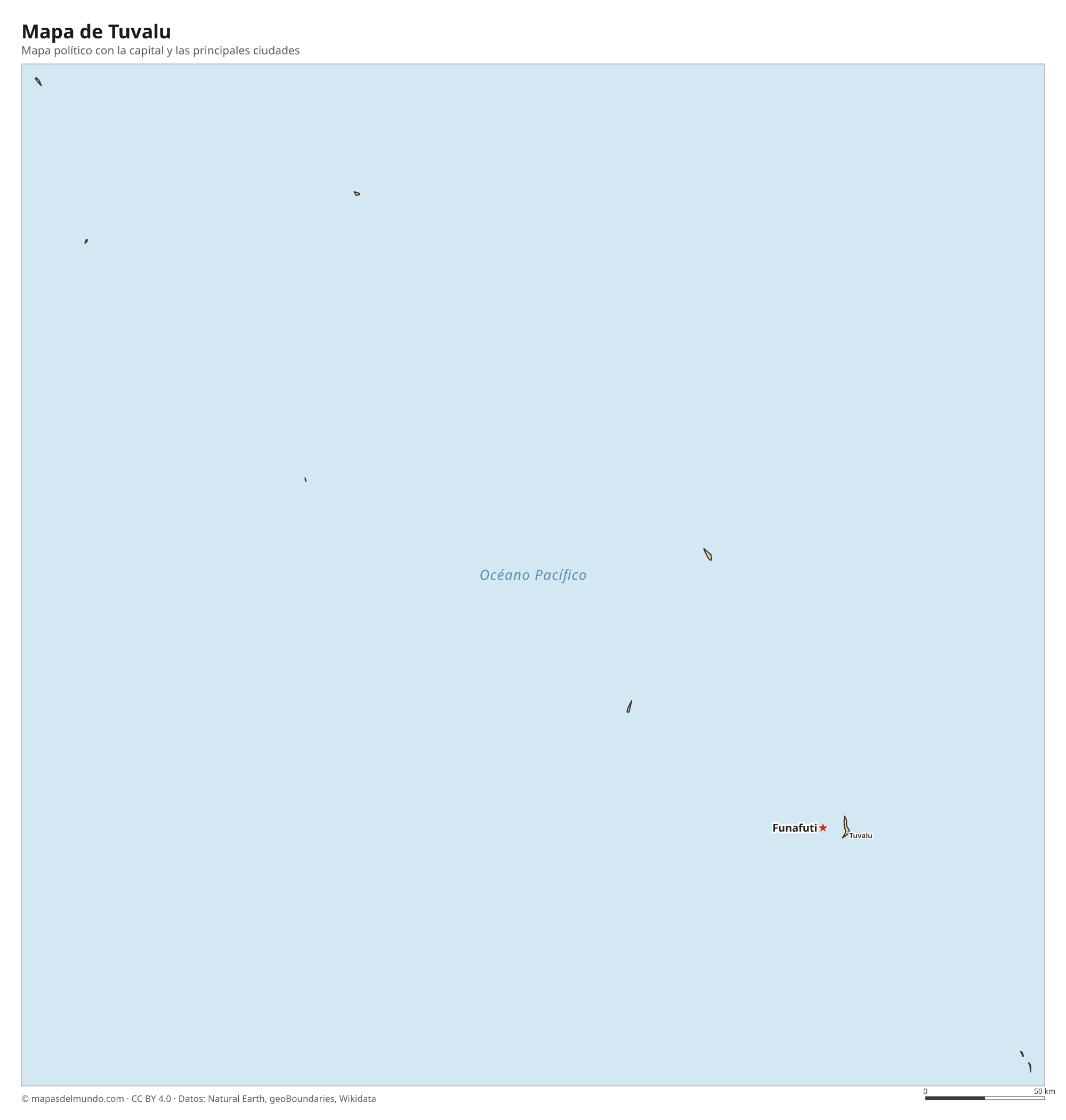 Mapa político de Tuvalu con la capital Funafuti