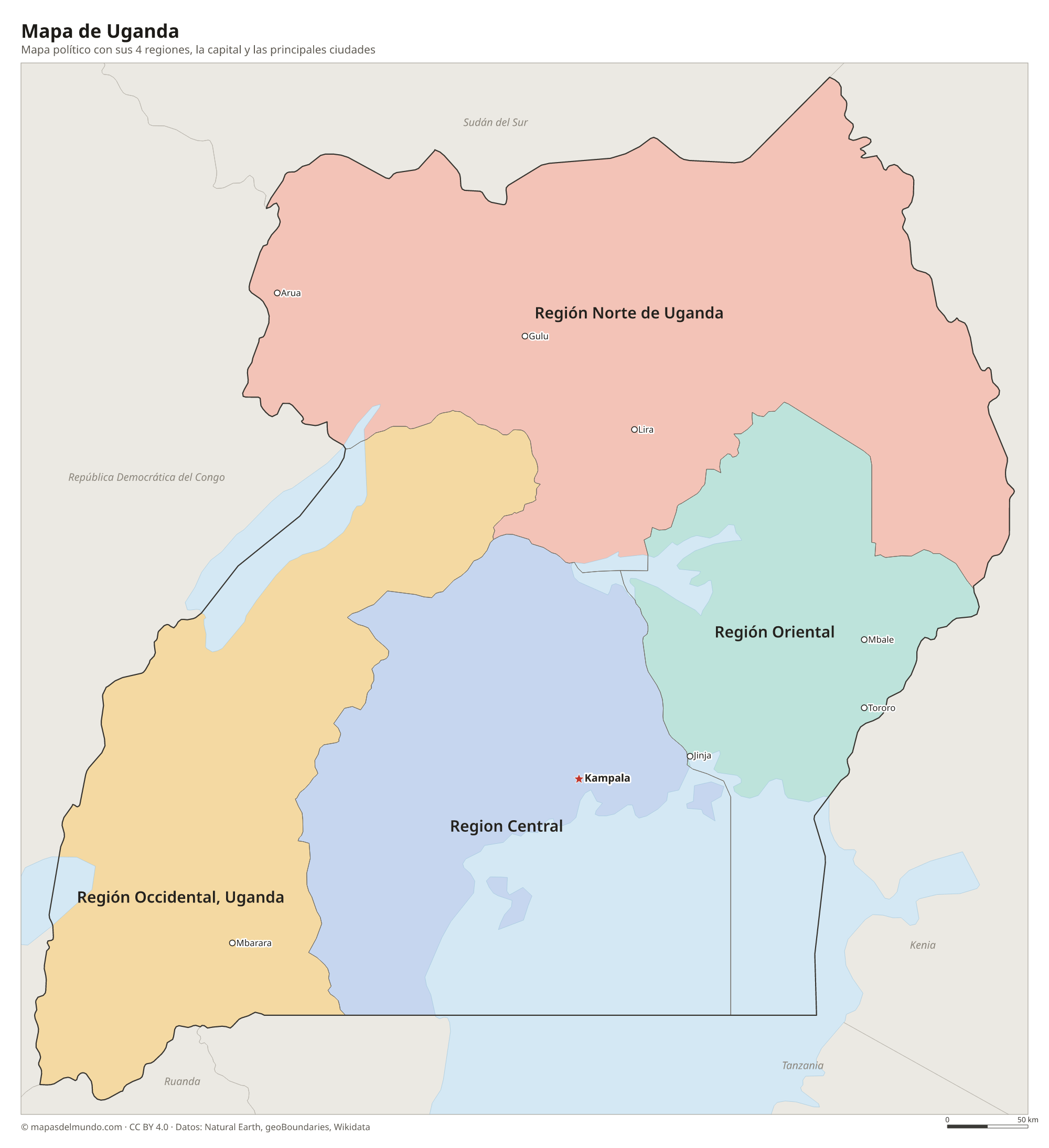 Mapa político de Uganda con sus regiones y la capital Kampala