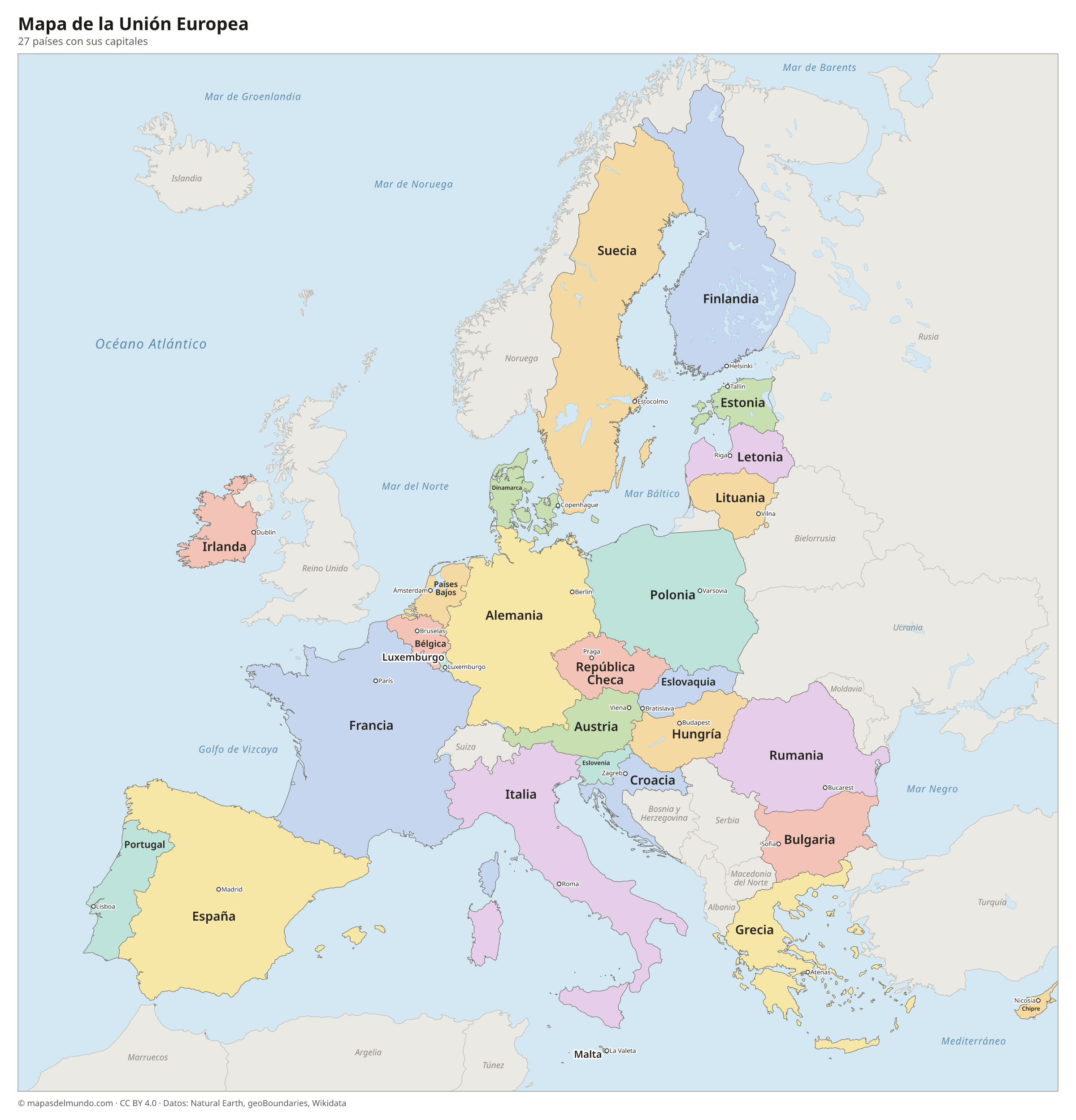 Mapa de la Unión Europea con los países y sus capitales