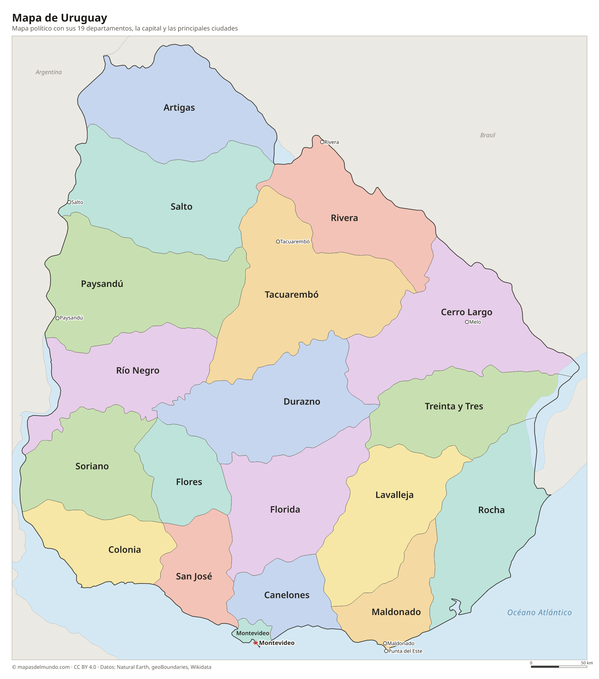 Mapa político de Uruguay con sus departamentos y la capital Montevideo