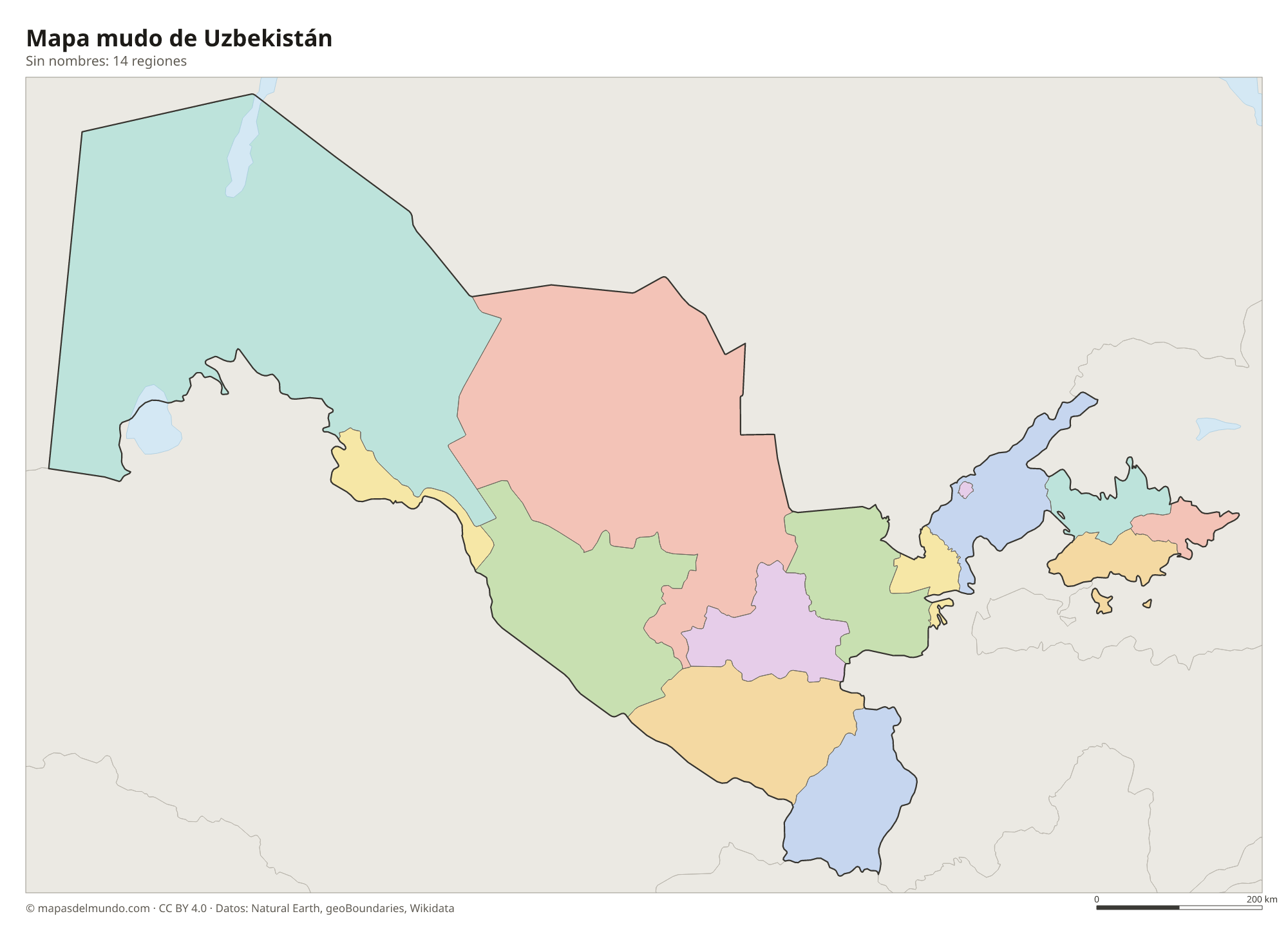 Mapa mudo de Uzbekistán sin nombres