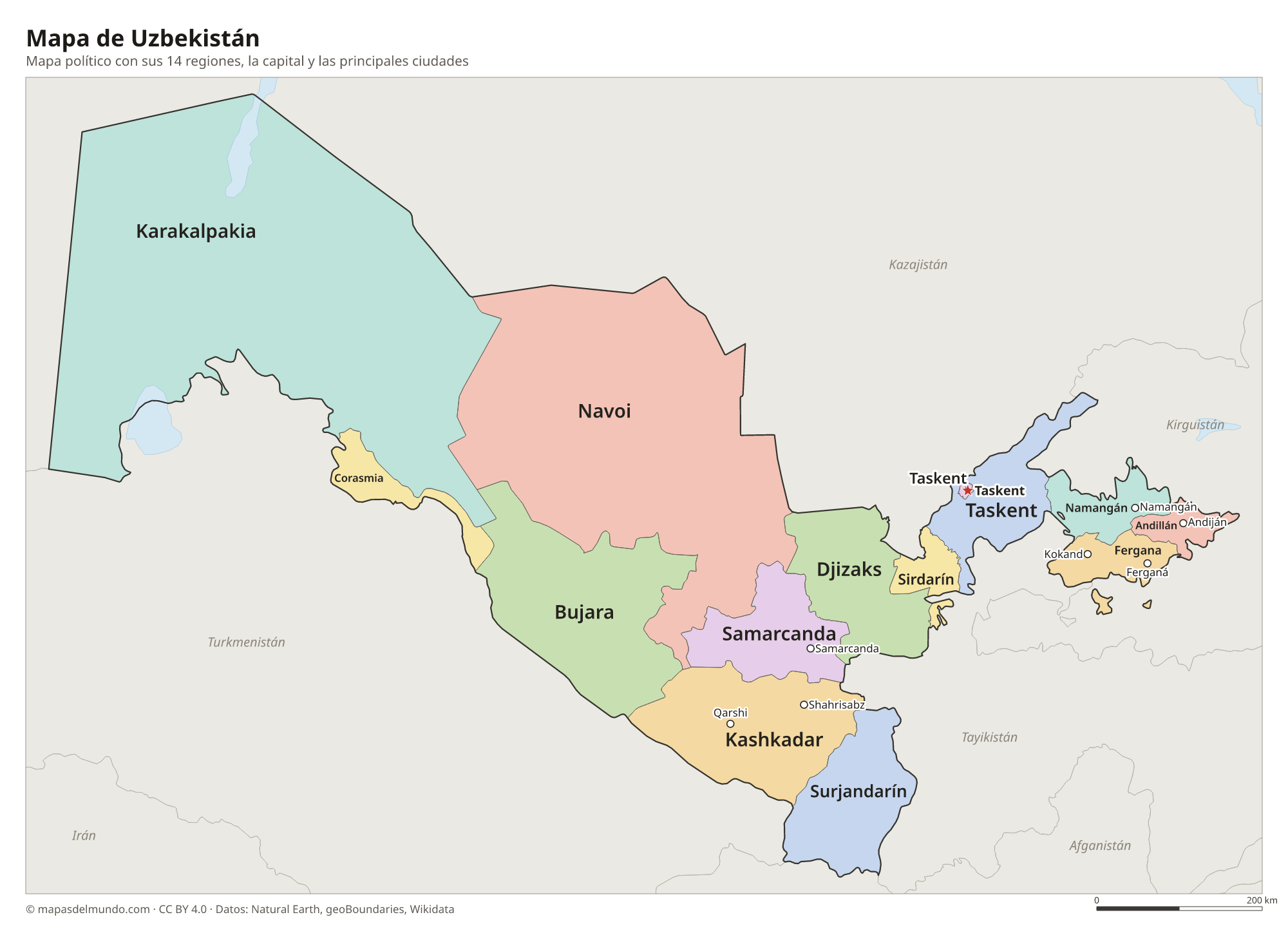 Mapa político de Uzbekistán con sus regiones y la capital Taskent