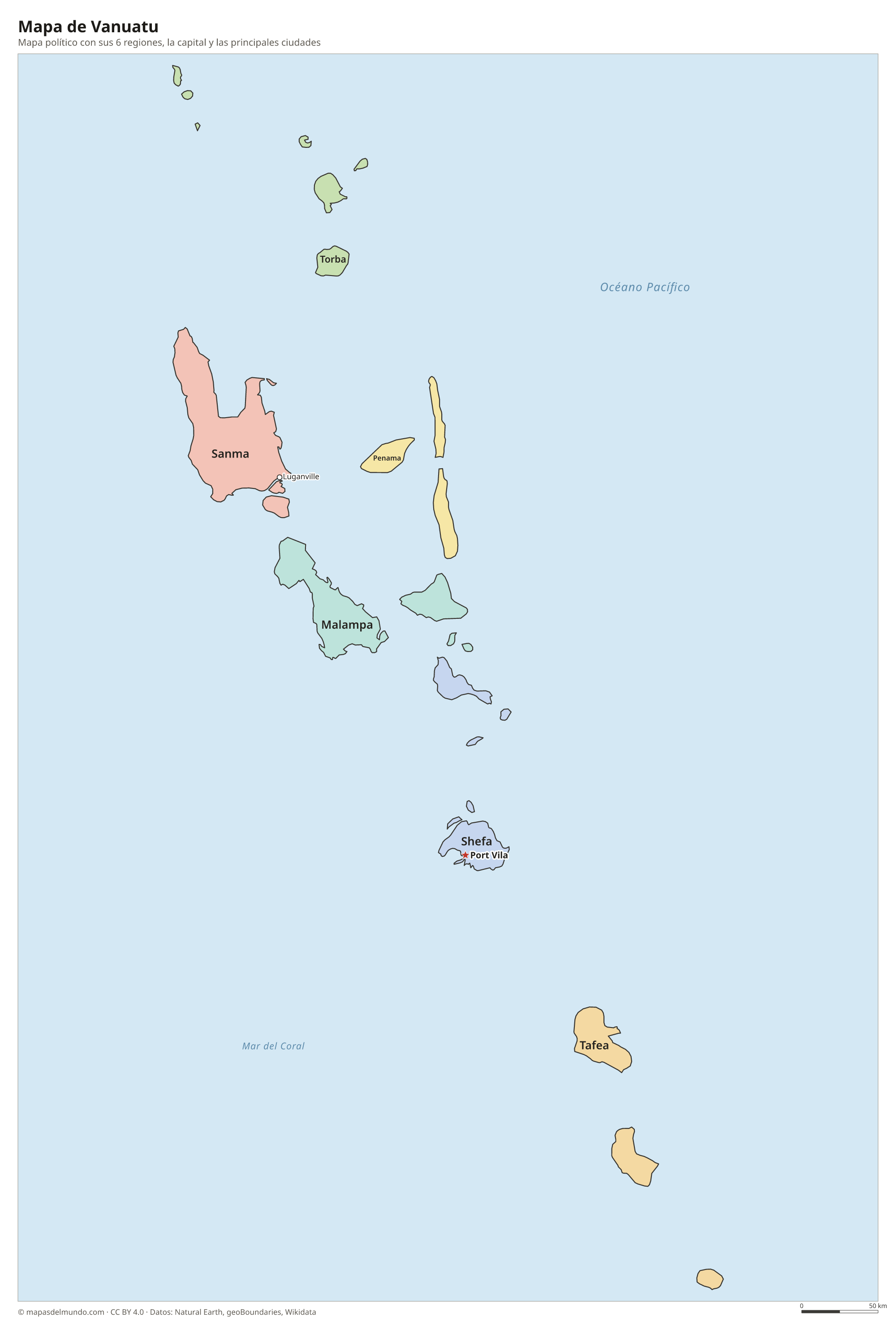 Mapa político de Vanuatu con sus regiones y la capital Port Vila