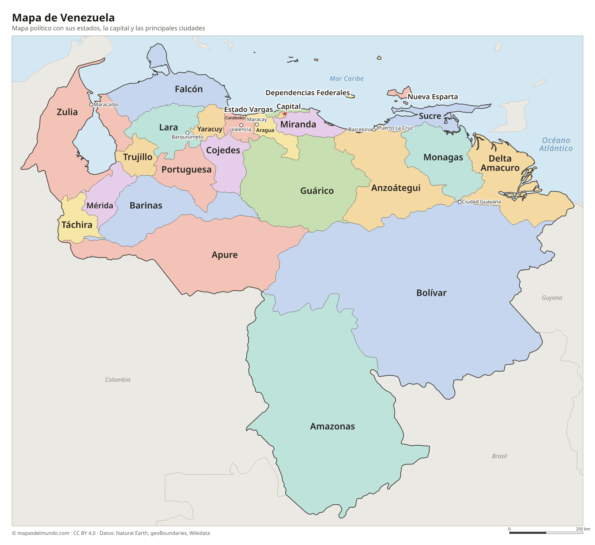 Mapa político de Venezuela con sus estados y la capital Caracas