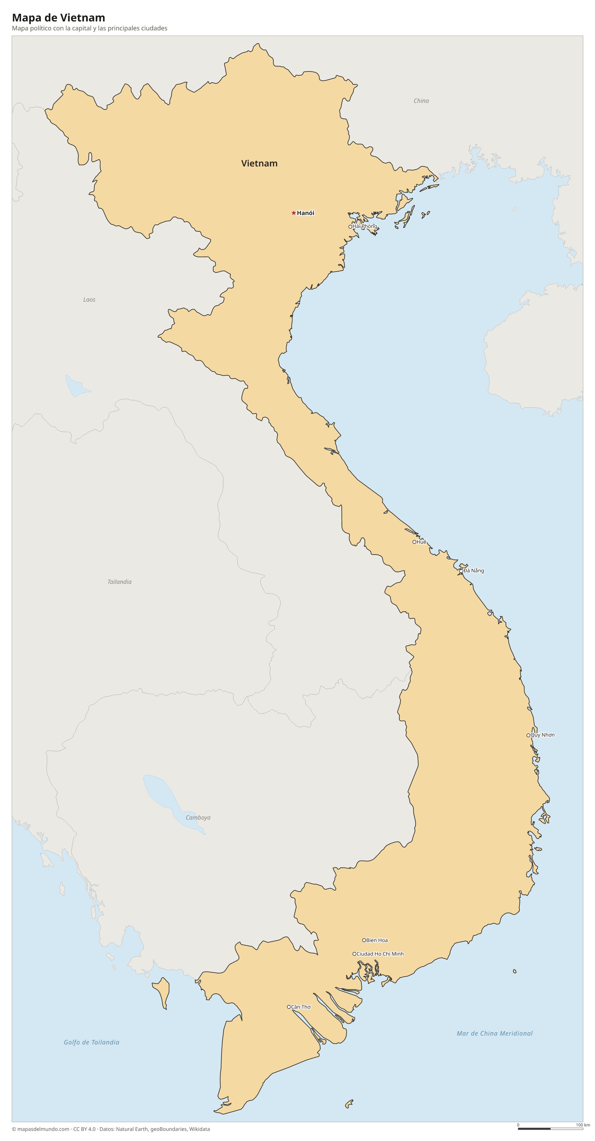 Mapa político de Vietnam con la capital Hanói