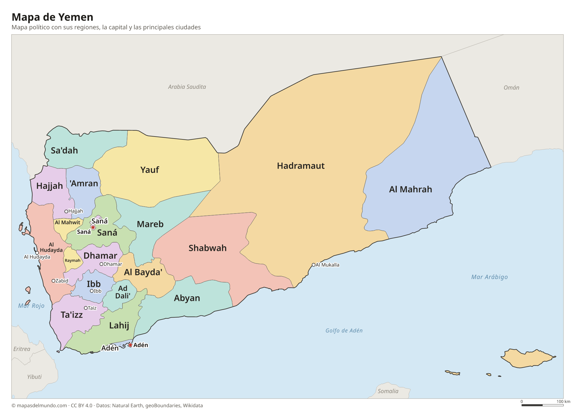 Mapa político de Yemen con sus regiones y la capital Saná y Adén