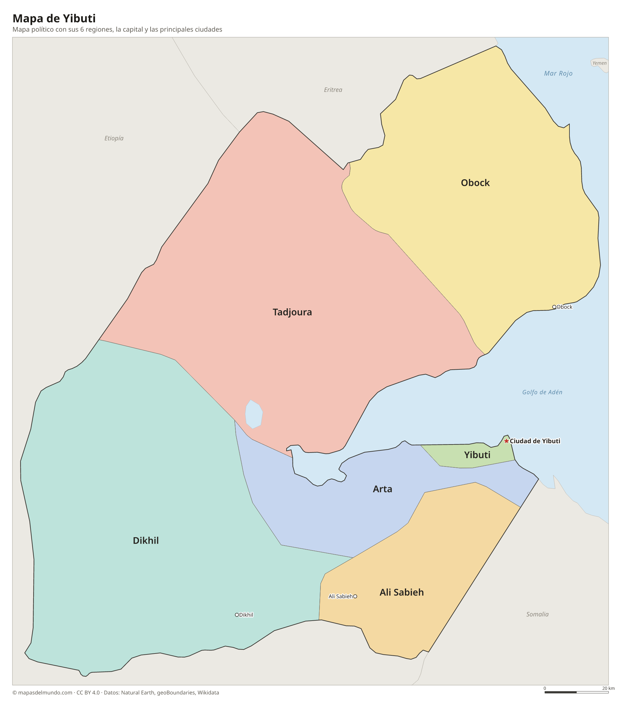 Mapa político de Yibuti con sus regiones y la capital Ciudad de Yibuti