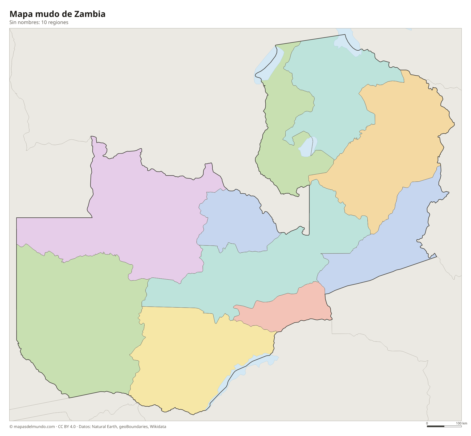 Mapa mudo de Zambia sin nombres