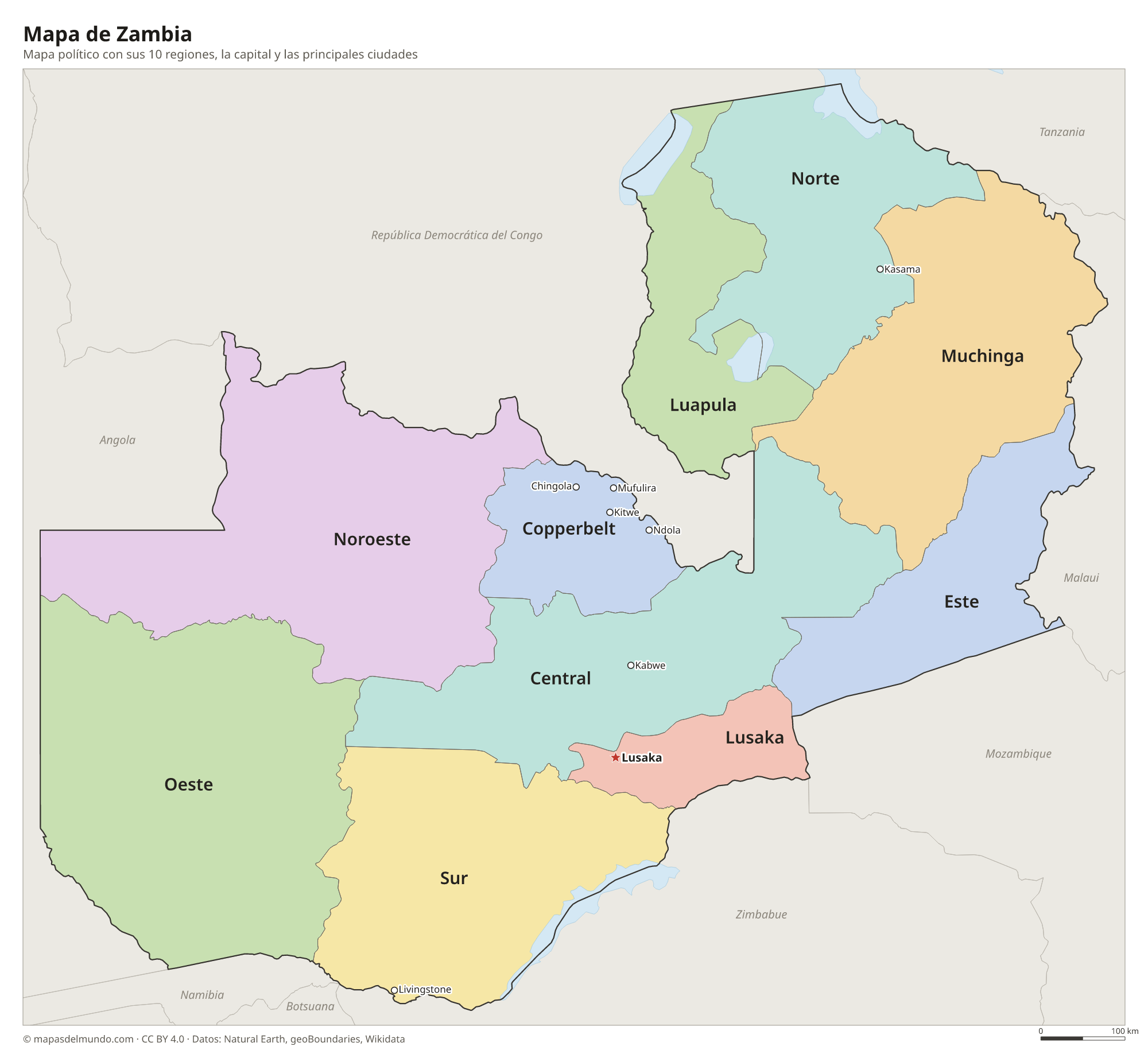 Mapa político de Zambia con sus regiones y la capital Lusaka