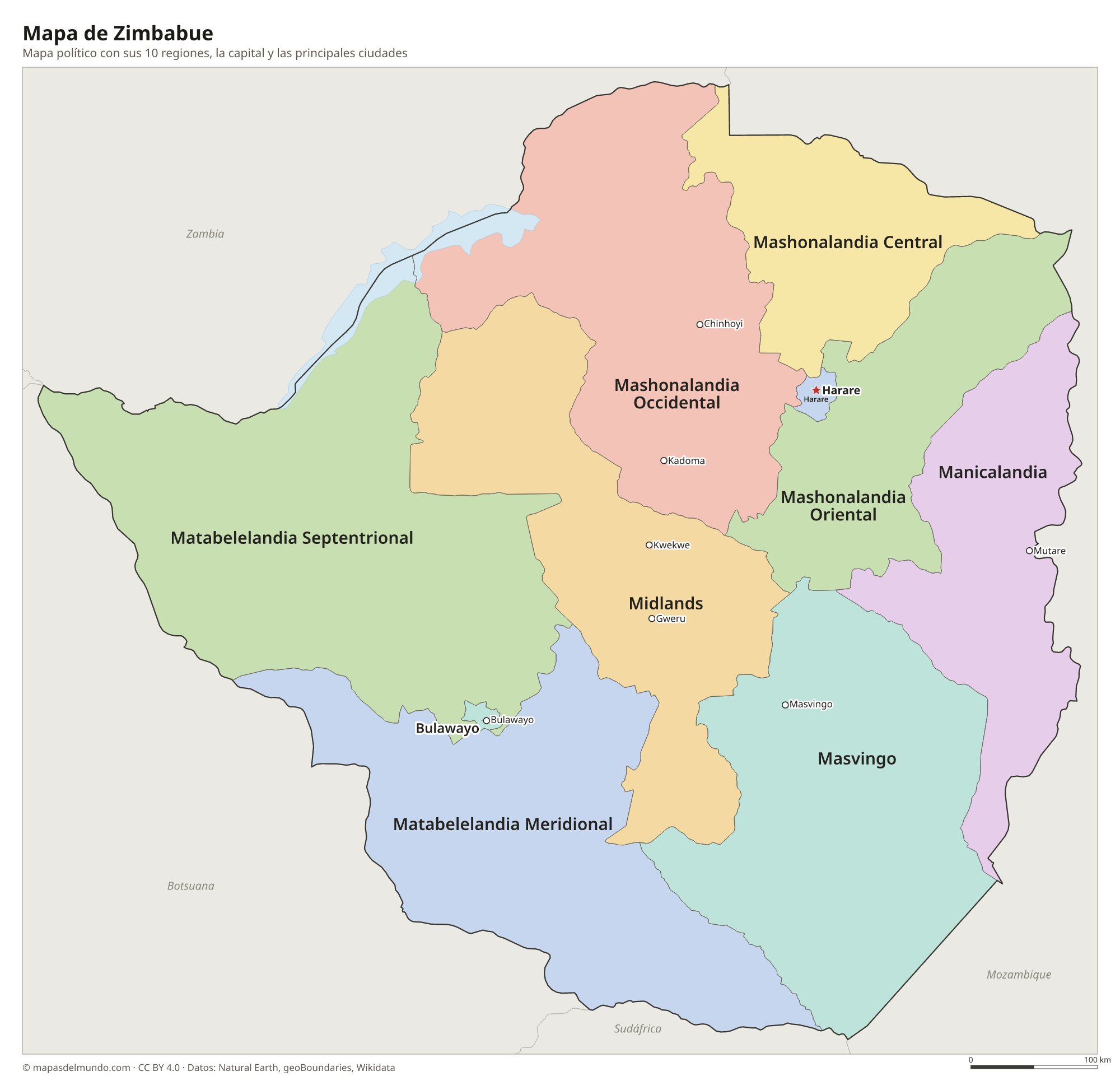Mapa político de Zimbabue con sus regiones y la capital Harare